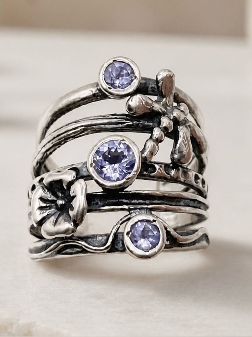 Size 6 OR PAZ Isreal 925 Sterling Silver Floral & dragonflyRing with tanzanites